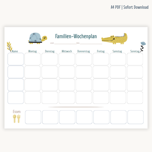 Familien-Wochenplan A4 PDF | Tiere